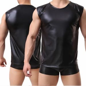 Mens Soft PU Leather Short Sleeve Erotic Shaping Metallic Patent Leather T-shirt
